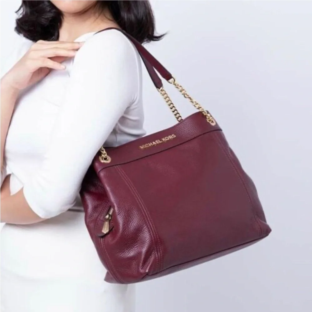 Michael Kors Jet Set Merlot Pebbled Leather Large Shoulder Bag Tote Chain Strap